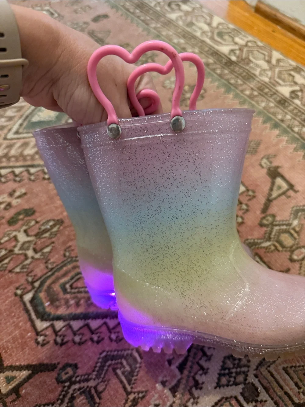 Rainbow glitter light up heart handle rain boots toddler little girl boy size 8